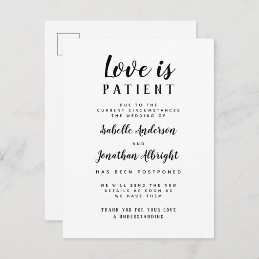 Liefde is Geduldig Uitgestelde Bruiloft Elegant Uitnodiging Briefkaart (Voorkant / Achterkant)