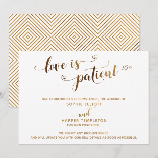 Liefde is Geduldig Uitgestelde Trouw Gouden Script Kaart (Voorkant / Achterkant)