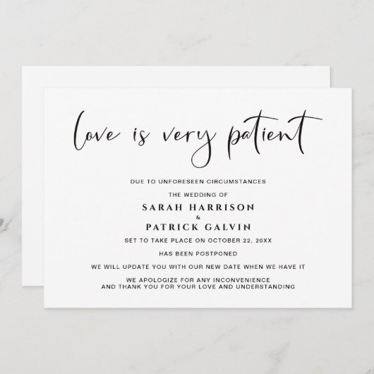 Liefde is Geduldig Uitstel Trouwdatum Elegant Aankondiging (Voorkant / Achterkant)