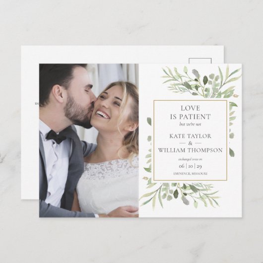 Liefde Is Geduldig Wegloop Huwelijksfoto Trouwen Aankondigingskaart (Voorkant / Achterkant)