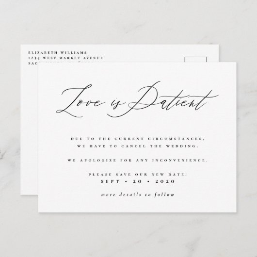 Liefde is Geduldig Zwart & Wit Uitgestelde Bruilof Uitnodiging Briefkaart (Voorkant / Achterkant)