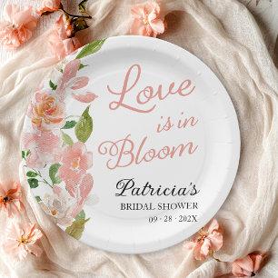 Liefde is in bloei bruidsfeestje blush bloemen papieren bordje