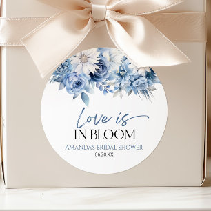 Liefde is in bloei Stof Blauw Bloem Bruiloft Ronde Sticker