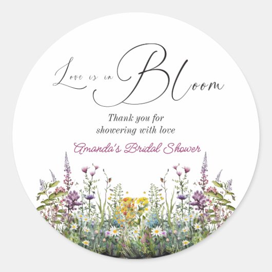 Liefde is in bloei Wilde Bloemen Bruidsfeest Ronde Sticker (Voorkant)