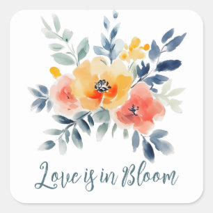 Liefde is in Bloom Waterverf Bloemen Vrijgezellenf Vierkante Sticker