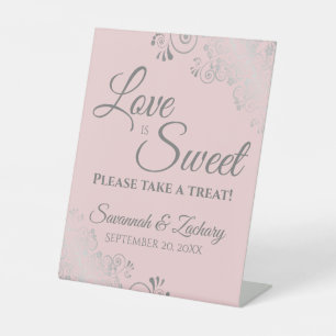 Liefde is lief Neem een Treat Blush Pink & Grey Reclamebord Met Voetstuk