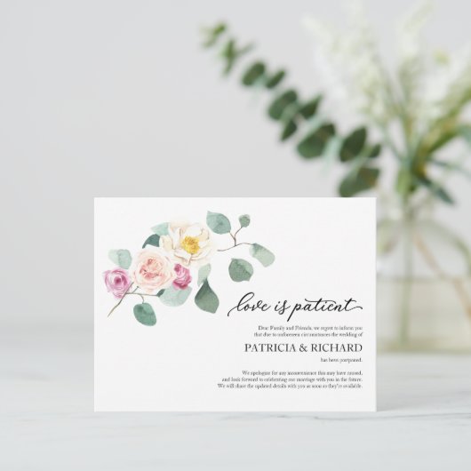 Liefde is patiënt eucalyptus bruiloft uitstel briefkaart (Staand voorkant)