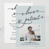 Liefde is patiënt kalligrafie blauwe bruiloft uitg save the date (Voorkant / Achterkant)