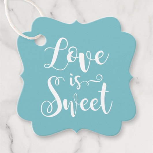 Liefde is Sweet Modern Aqua Script Trouwfoto Bedankjes Labels (Voorkant)