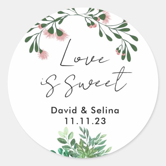 Liefde is zoet met bloemen en bladeren bruiloft ronde sticker (Voorkant)