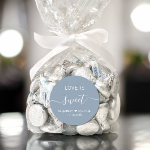 Liefde is zoet stoffig blauw bruiloft gunst ronde sticker
