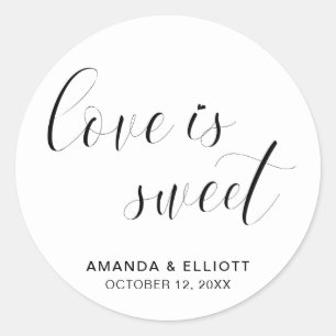 Liefde is Zoet Zwart en Wit Typografie Huwelijk Ronde Sticker
