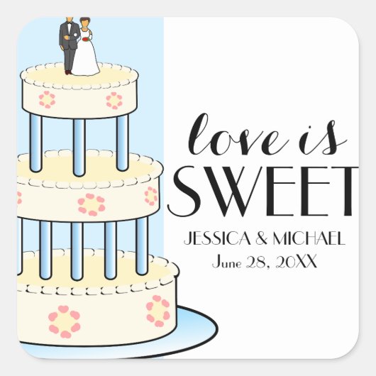 Liefde is zoete gepersonaliseerde Wedding Cake Box Vierkante Sticker (Voorkant)