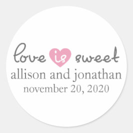 Liefde is zoete moderne hartetiketten (grijs/roze) ronde sticker