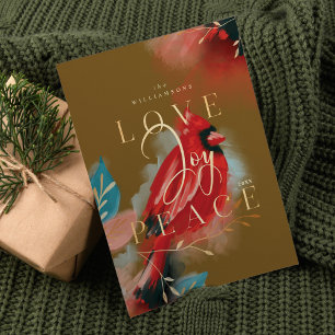 Liefde Joy & Peace Red Kardinaal Waterverf Groen Feestdagenkaart