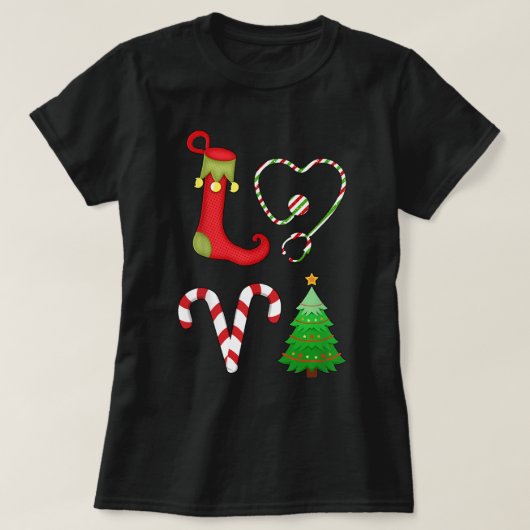 Liefde kerstmis Stethoscope Nurse Tree ELF Snoep X T-shirt (Design voorkant)