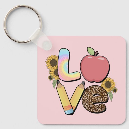 Liefde - Kleurrijk Teacher Design met Apple & Penc Sleutelhanger (Voorkant)