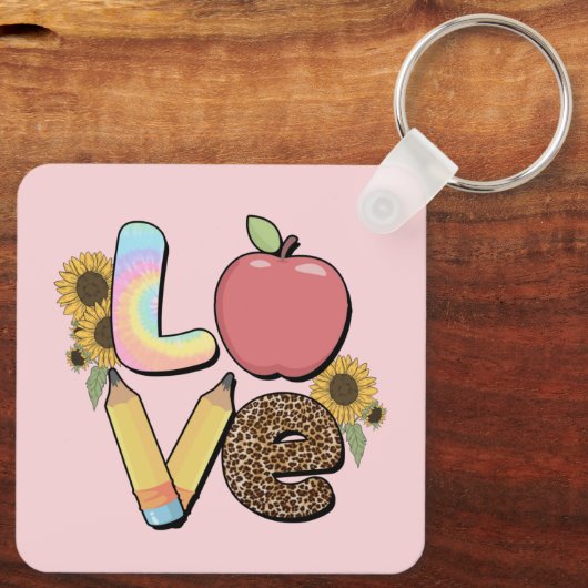 Liefde - Kleurrijk Teacher Design met Apple & Penc Sleutelhanger (Achterkant)