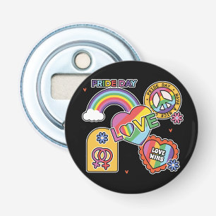 Liefde. LGBT+Pride. Pride dag. Regenboogliefde. Button Flesopener