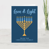 Liefde & Licht Custom Blauw Goud Chanoeka Menorah Feestdagen Kaart (Voorkant)