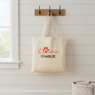 Liefde met huisdierpoot, hart en aangepaste naam tote bag