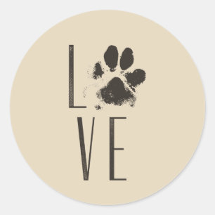 Liefde met Pet Paw Print Brown Grunge Typografie Ronde Sticker