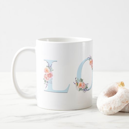 Liefde Mok Pastel Floral Alphabet Typografie (Met donut)