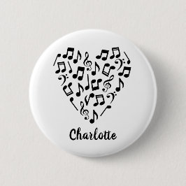 Liefde Muziek Hart van Muzieknoten met Naam Ronde Button 5,7 Cm