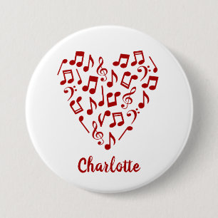 Liefde Muziek Hart van Rode Muzieknoten met Naam Ronde Button 7,6 Cm