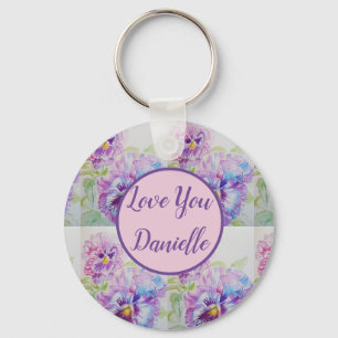 Liefde noem je Paarse Pansy Waterverf Key Ring Sleutelhanger