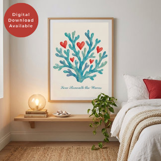 Liefde onder de golven Koraalharten Valentijnskuns Poster