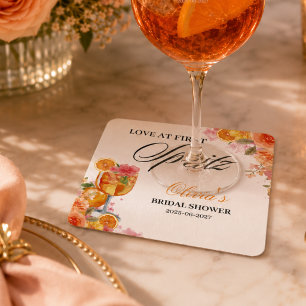 Liefde op de eerste Spritz Bruids Bruiloft Feest Vierkante Kartonnen Onderzetter