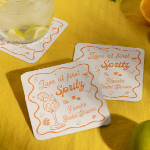 Liefde op het eerste spritz bruidsdouche vierkante kartonnen onderzetter