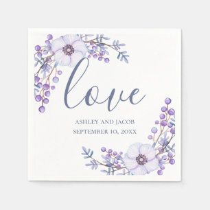 Liefde. Paarse bloemen. Lila bloemschrift bruiloft Servet