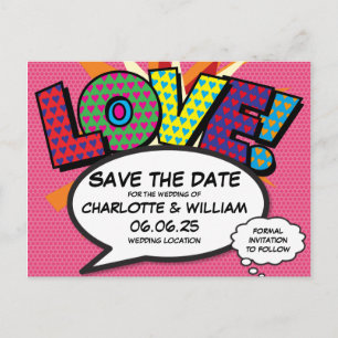 LIEFDE Save the Date Leuk Retro Strip Pop Art Aankondigingskaart