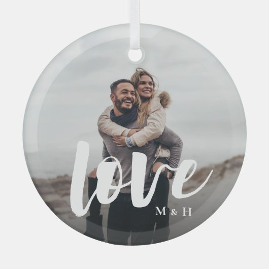 Liefde Script Overlay Persoonlijke paren Foto Glas Ornament (Voorkant)