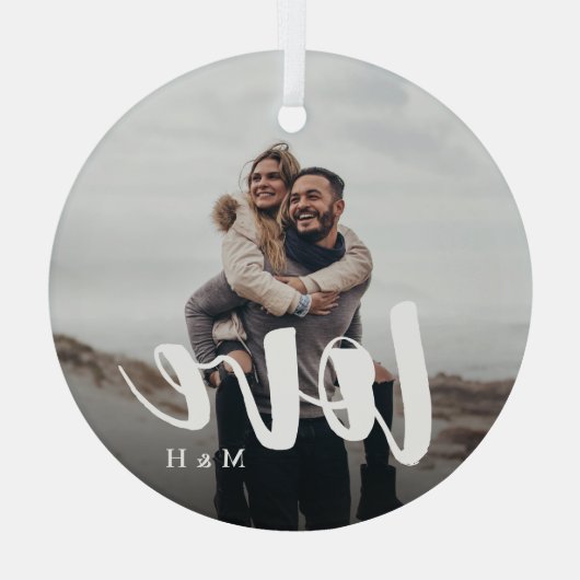 Liefde Script Overlay Persoonlijke paren Foto Glas Ornament (Achterkant)