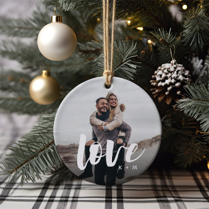 Liefde Script Overlay Persoonlijke paren Foto Keramisch Ornament