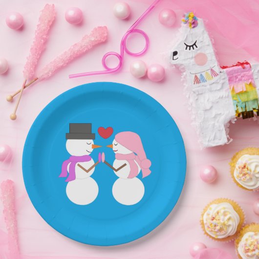 Liefde & Sneeuwmensen - Blauwgroen: Kerstfeest Papieren Bordje (Feest)