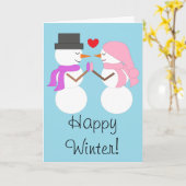 Liefde & Sneeuwmensen: Gelukkig Winter Kaart (Gele Bloem)