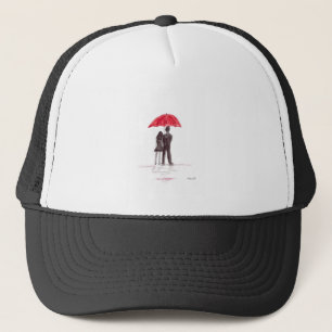 Liefde stel met rood paraplu romantisch koppel trucker pet