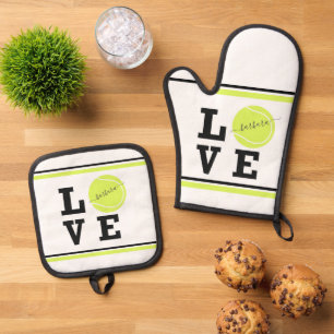 Liefde Tennisbal Gepersonaliseerde Naam Oven Mitt  Ovenwant & Pannenlap Set