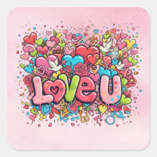 Liefde U Kleurrijke Doodle Harten Sticker