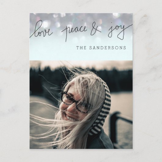 Liefde Vrede en vreugde Bokeh script Moderne foto Feestdagenkaart (Voorkant)