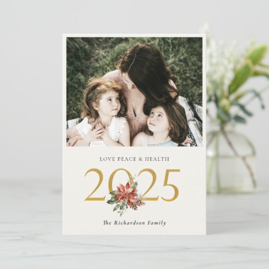 Liefde Vrede Gezondheid Poinsettia Boeket Goud 202 Feestdagenkaart (Staand voorkant)