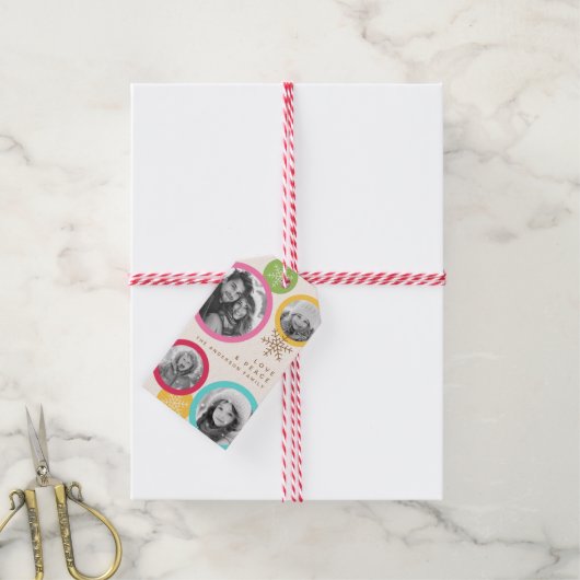 Liefde vrede sneeuwvlokken kleurrijke foto vakanti cadeaulabel (Met Touw)