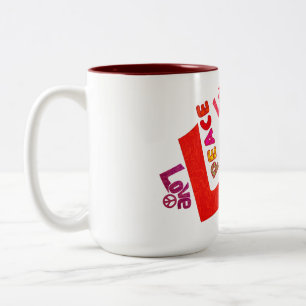 Liefde, vrede, typografie tweekleurige koffiemok