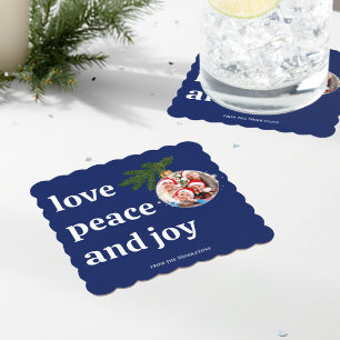 Liefde Vrede Vreugde Kerst Familie Foto Navyblauw Vierkante Kartonnen Onderzetter
