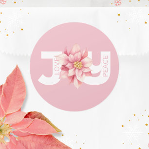 Liefde Vrede Vreugde Roze Poinsettia Kerstmis Ronde Sticker
