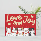 Liefde & vreugde moderne grappige moppige katten c feestdagenkaart (Staand voorkant)